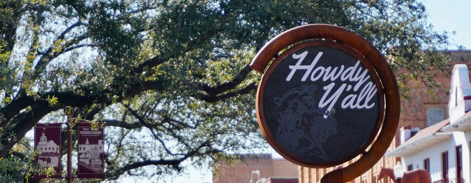 a sign on a street at the Stock Yards in Fort Worth